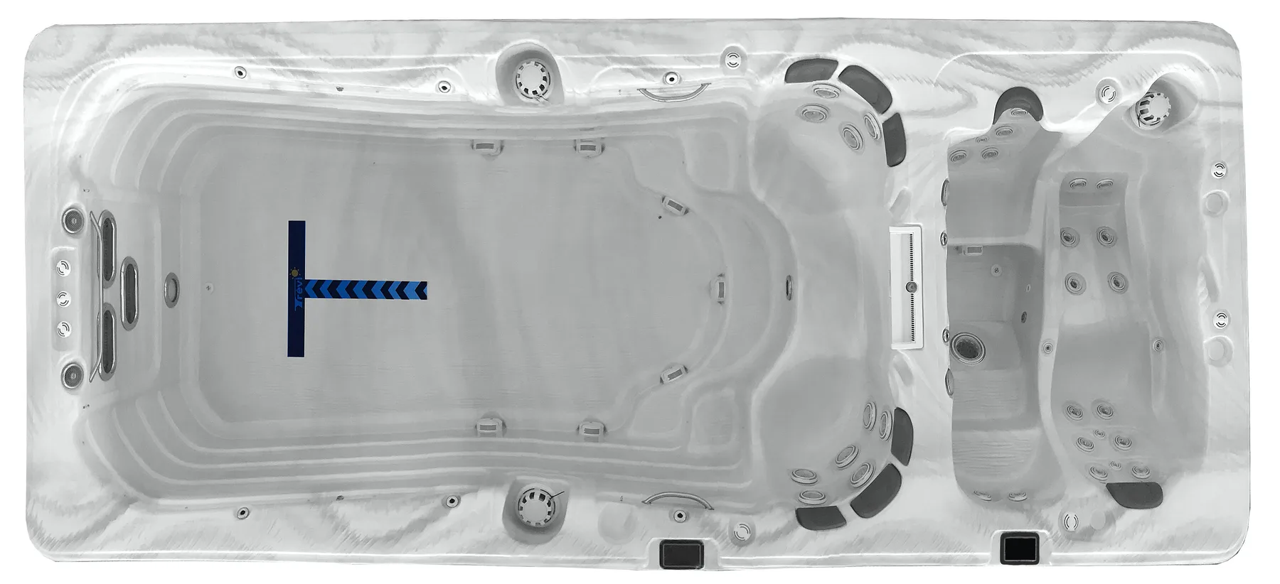 Spa de nage Trévi Spartan — vue de dessus complète : zone de nage et zone détente