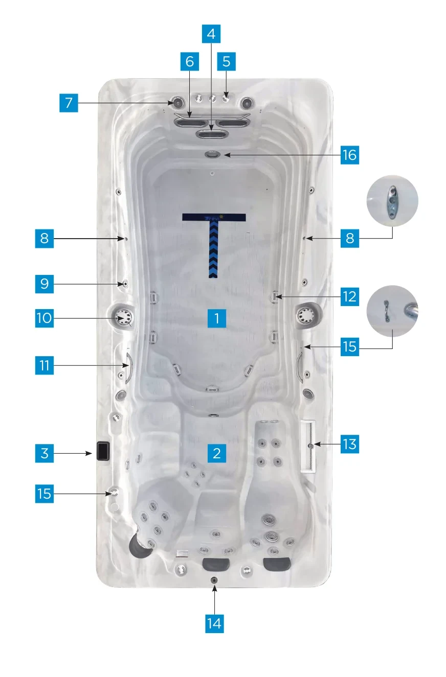 Anatomie d’un spa de nage Trévi — schéma numéroté vu de dessus