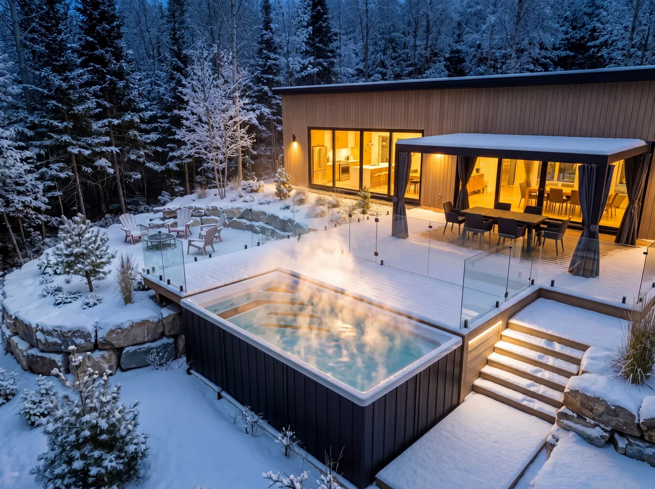 Piscine Trévi Urbania — Finition Minuit · sur terrasse · Hiver · soirée
