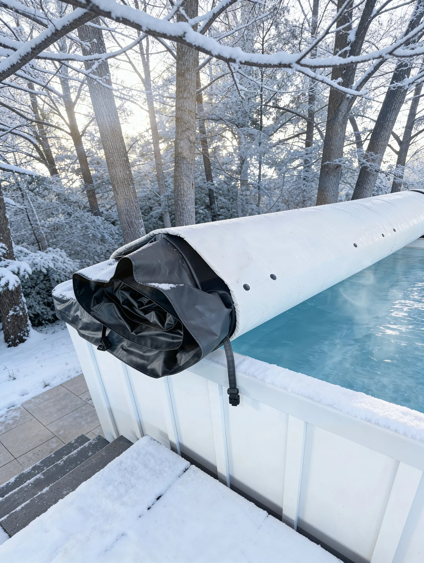 Couvercle enroulable en tissu Sunbrella sur une piscine Urbania en hiver
